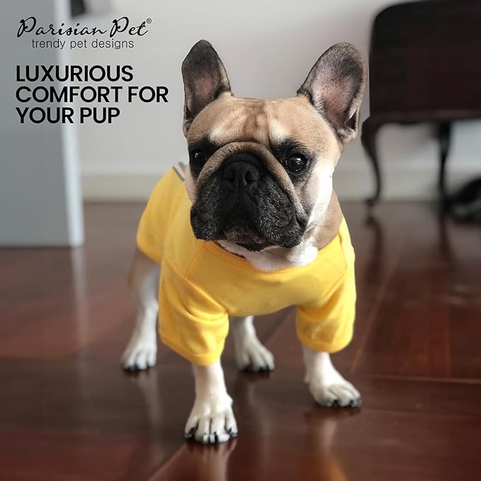Parisian Pet Dog Shirt - Embroidered “Mustard on My Food“ - 100% Cotton and Polyester Dog Clothes - Sleeved, Lightweight Costume for Dogs - Yellow Dog Shirts for Large Dogs - Pet Costumes - L