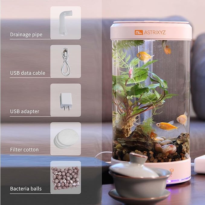 Aquarium Kit-1.5 Gallon Self-Cleaning Betta Fish Tank with 3-in-1 Filtration System, Oxygenation,Water Circulation, Multi-Color LED Lights - Quiet Desktop Aquarium for Home,Office & Gifts(White)