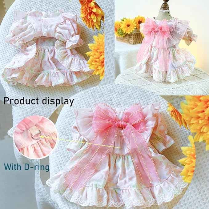 Pink Dog Dress for Small Dog Girl Spring Puppy Clothes with Bow Puff Sleeves Cat Outfit Doggy Princess with Leash Ring Doggies Harness Dress Summer Pet Apparel (Pink, X-Large)