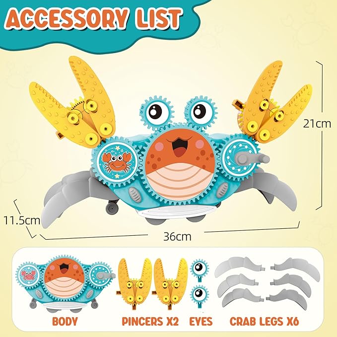 Alritz Crawling Crab Baby Toy, Developmental Tummy Time Toys for Crawling, Walking Crab Toy DIY Gear-building, with Sensory Light-Up, Dancing Crab Toys for Infant Boys Girls 3-6 6-12 36 Months Age 3 +