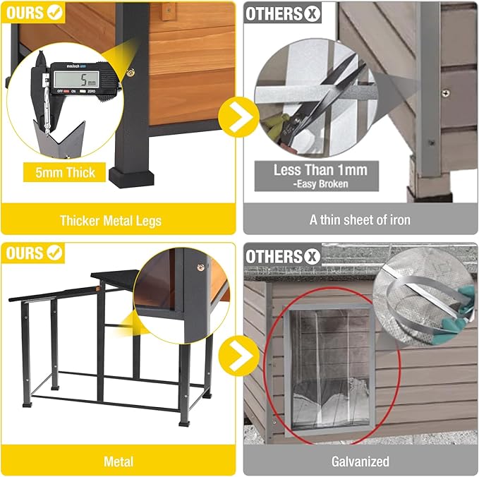 Chew-Resistant Dog House with Metal Frame, Wooden Kennel for Indoor & Outdoor Use, Waterproof Roof & Feeding Bowls Included (Wood, L)