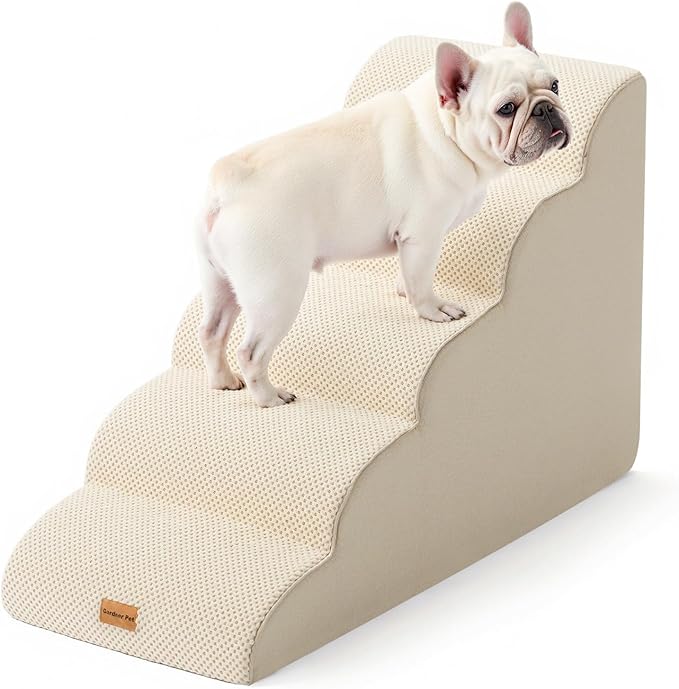 Gardner Pet Dog Stairs for Small Dogs 22.8" H, 5-Step Beige Curved Pet Stairs, Dog Steps for High Bed, Couch (24-30 in) with Durable Non-Slip Waterproof Fabric Cover and CertiPUR-US Certified Foam