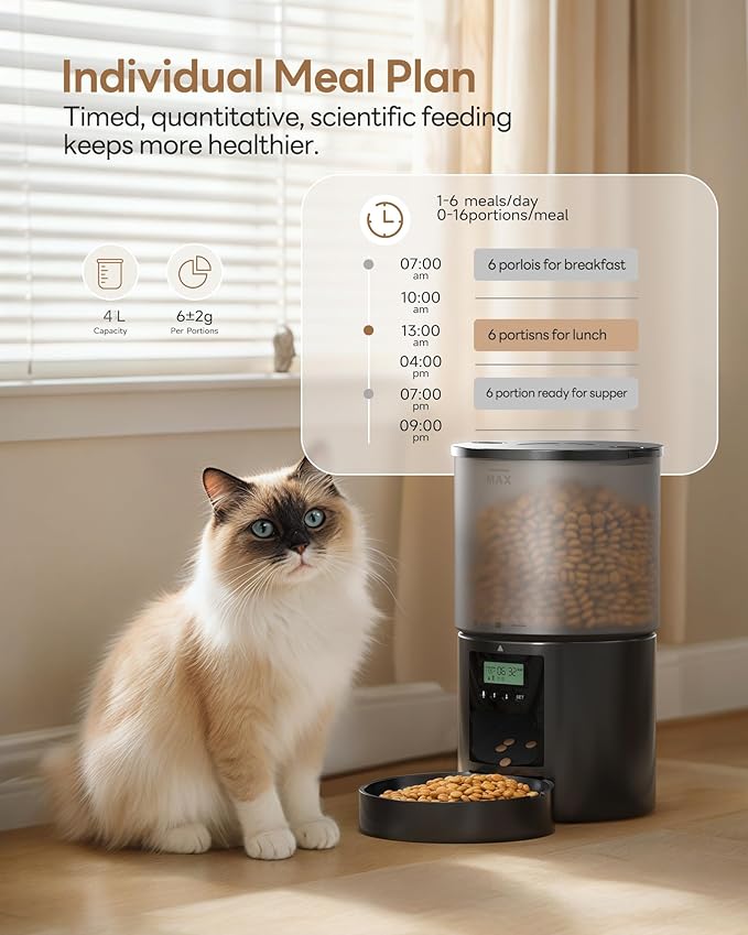 Automatic Cat Feeder Food Dispenser: 4L Timed Small Dog Dry Food Dispenser with 10s Voice - Distributeur Nourriture Chat Hund Programmable - Auto Pet Feeder with 1-6 Meals Per Day