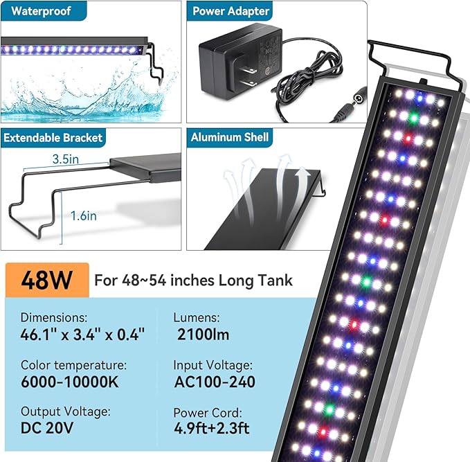 hygger Aquarium LED Light Fish Tank Full Spectrum Lighting with 24/7 Day-Night Cycle Mode & Auto On/Off Timer, 7 Color Options, Dimmable, Extendable Bracket for 48~54in Tank Plant Lights