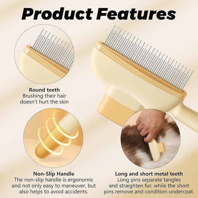 Flea Combs for Cats and Dogs with Release Button,Long & Short Stainless Steel Teeth for Deshedding, Fine Tooth Pet Brushes for Grooming Pet Hair Removal for Long and Short Hair 2 Pack