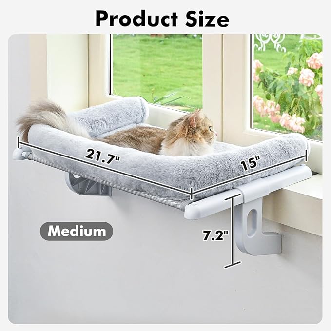 Cat Window Sill Perch with Large Bolster, Easy to Adjust & Assemble Cat Window Seat for Windowsill & Bedside, Pet Hammock Bed for Large Cats and Kittens (Grey, M)