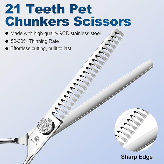 GLADOG 7" Chunkers Dog Grooming Scissors - Premium 9CR Dog Scissors for Grooming with Luxurious Diamond Nut，Ideal Dogs Shears for Reducing Bulk, Dogs Hair Scissor，Cat Scissor