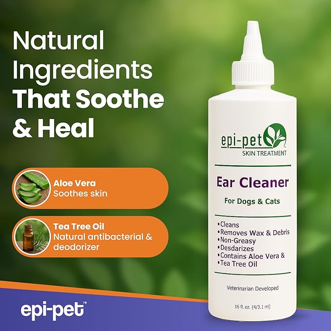 Dog & Cat Ear Cleaner Solution with Aloe Vera & Tea Tree Oil – Removes Itchy Ear Wax, Debris, Odor – Ears Wash, Drops & Flush for Pets, Dog Ears Cleaning, Cat Cleaner (16 oz- Pack of 2)