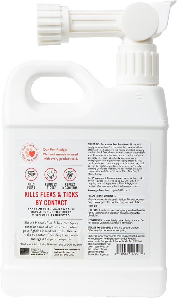 Skout's Honor Flea and Tick Yard Spray - Natural Peppermint & Cedarwood Formula, Helps to Protect from and Against Fleas, Ticks and Mosquitos, Covers upt o 5,000 Sq F, 32 oz.