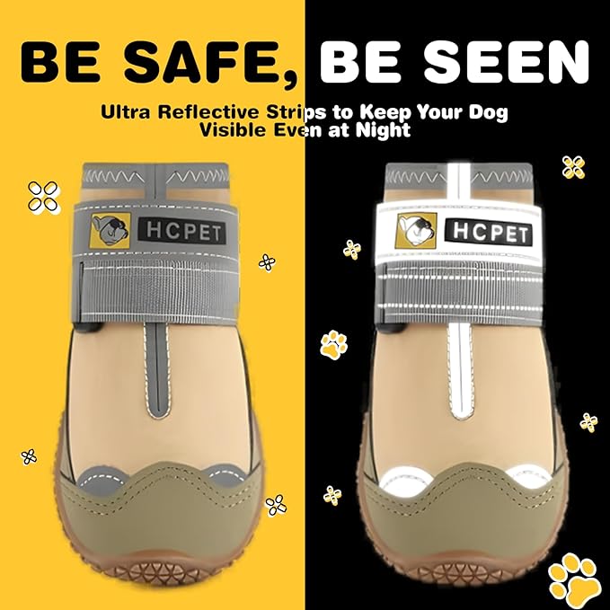 Hcpet Dog Shoes for Large Dogs, Waterproof Dog Booties for Small Medium Dogs, Anti-Slip Dog Boots & Paw Protectors for Hot Pavement Winter Snow Hiking with Reflective Straps Khaki Size 5
