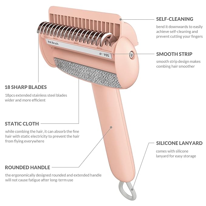 Self Cleaning Grooming Brush for Shedding Pets Rake Gently Removes Loose Undercoat Mats Tangled (Pink)