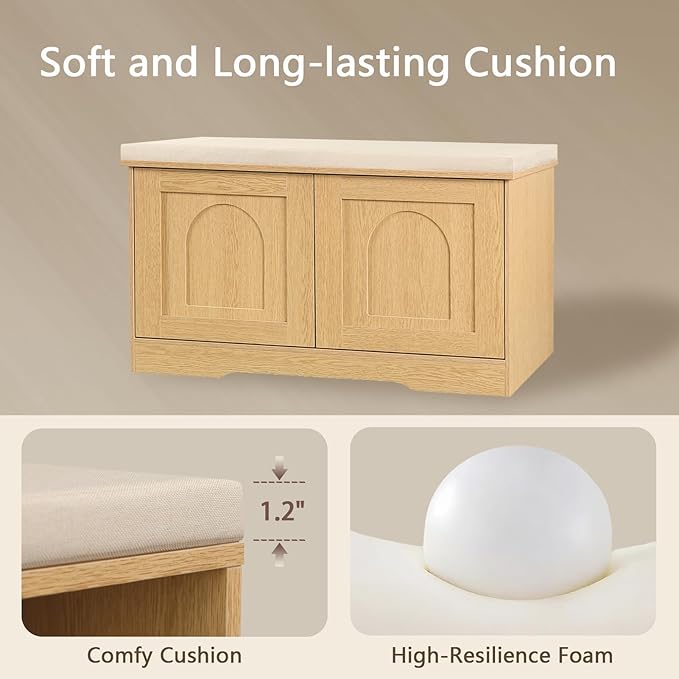 DINZI LVJ Shoe Bench, Entryway Storage Bench with Doors, Cushion, 2-Tier Shoe Rack with 6-Cubby, 31.5”L x 13.8”W Shoe Organizer Cabinet, Adjustable Shelf, Living Room, Bedroom, Natural