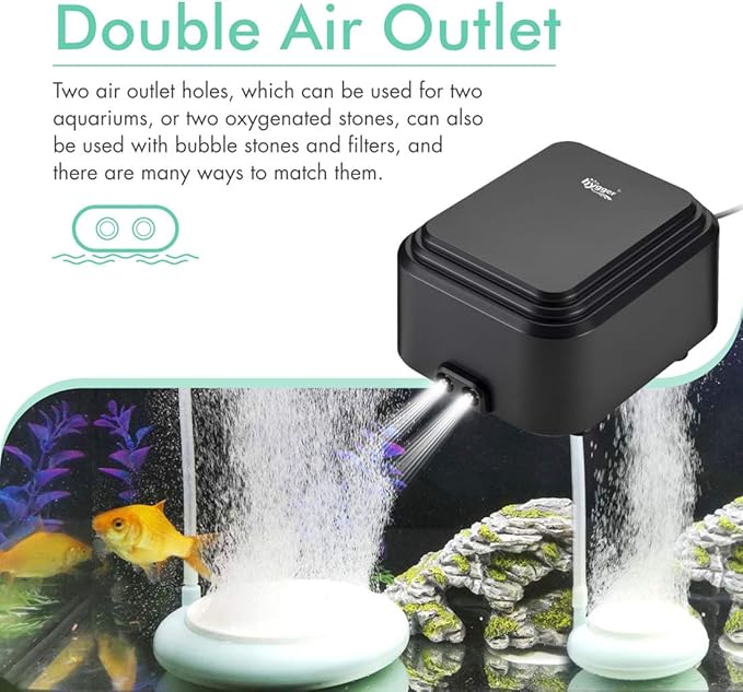 hygger Quietest Aquarium Air Pump, Adjustable Oxygen Pump 2 Air Outlets Ultra Silent Powerful Aerator Pump Up to 600Gallon Fish Tank 255GPH 10W