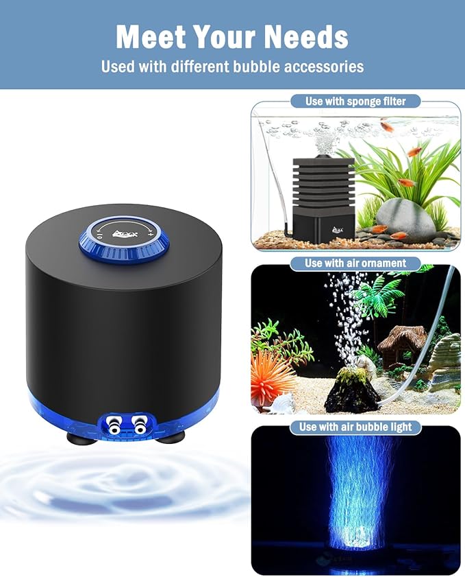 AQQA Aquarium Air Pump, Quiet Powerful Fish Tank Air Pump 3W/6W/10W with Stainless Steel Dual Outlet, Adjustable Oxygen Aerator Pump with Air Stone Bubbler for Fish Tank Up to 200 Gallon 3W (Tubby)