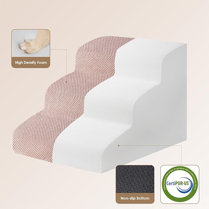 EHEYCIGA Curved Dog Stairs Ramp for Small Dogs 15.7" H, 3-Step Dog Steps for Couch Sofa and Chair, Pet Stairs for Cats, Non-Slip Balanced Pet Steps Indoor, Dusty Pink