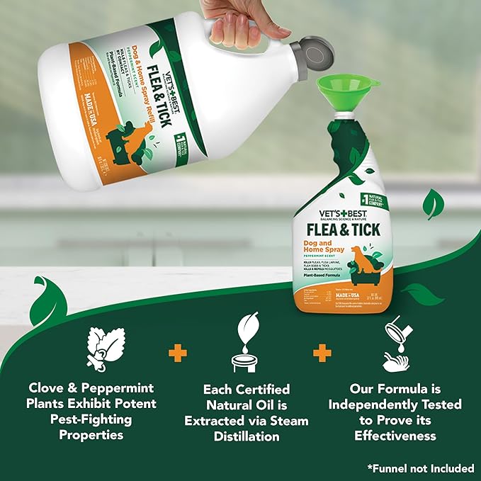 Vet’s Best Flea and Tick Home Spray – Plant-Based Flea and Tick Treatment for Dogs and Indoor Use – Natural Essential Oil Spray for Flea Control in The Home – Made in USA – 96 oz Refill