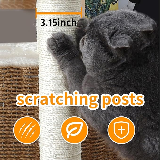 Cat Tree Tower for Indoor Cats, House Condo for Large Cats, Modern Tall Manual Hand Woven With Sisal, Scratching Post, Cute Furniture Activity Centre, Cat Lover Gift