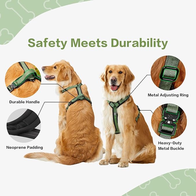 CLEPAWS Dog Harness for X-Large Dogs, No Pull Dog Harness Easy Walk with Metal Hardware, Ergonomic Y-Shaped Design, Soft Padding, Padded Handle, Durable High-Tensile Nylon (Evergreen, XL)