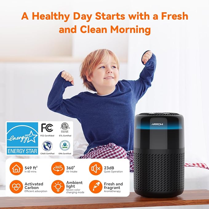 AIRROMI Air Purifier for Bedroom Home,HEPA Filter,Covers Upto 549 Ft²,Quiet 360°intake Air Cleaner with Fragrance ponge for Better Sleep,Night Light,Filters Smoke,Pet Dander,Allergies,Dust,A2005 Black
