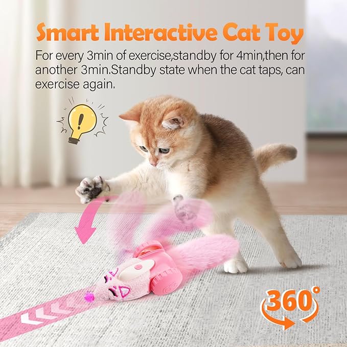 Migipaws Automatic Cat Toys, Plush Cat Mouse Toy, Interactive Toy for Indoor Cats, Smart Moving Kitten Toy, Rechargeable (Pink)