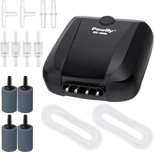 Pawfly Aquarium Air Pump Oxygen Pump for 10-200 Gallon Fish Tanks Buckets Dual Outlet Adjustable Ultra Quiet Aerator Pump with Accessories