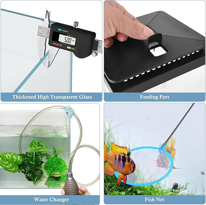 FEDOUR Small Glass Aquarium, 1 Gallon Desktop Fish Tank, Betta Fish Tank, Mini Aquarium Starter Kit with Air Pump LED Light Decoration Water Changer Fish Net (Black)