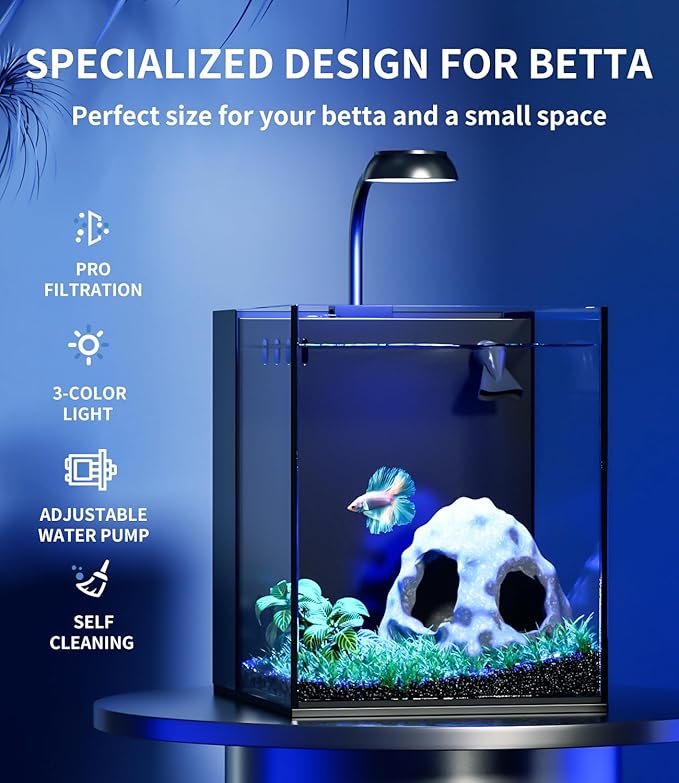 Small Betta Fish Tank Aquarium Starter Kit, 2 Gallon Glass Rimless Nano Beta Tank with Hidden Filtration, 3 Color Light, Quiet Water Pump, Lid