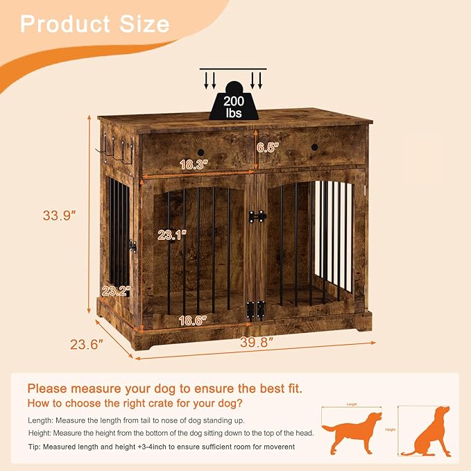 BREEZEHEAT 40 inch Dog Crate Furniture-Farmhouse Dog Kennel with Drawers-End Table Wooden Pet Crate, Double Door Design, Decorative Dog House Indoor for Small Medium Large Dog,Brwon