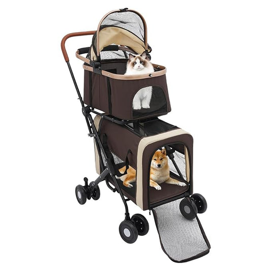 Foldable Pet Stroller for Small & Medium Dogs, Double Dog & Cat Stroller with 3-in-1 Travel System, Detachable Pet Carrier with Wheels for Cats and Dogs up to 77 lbs, Coffee Color