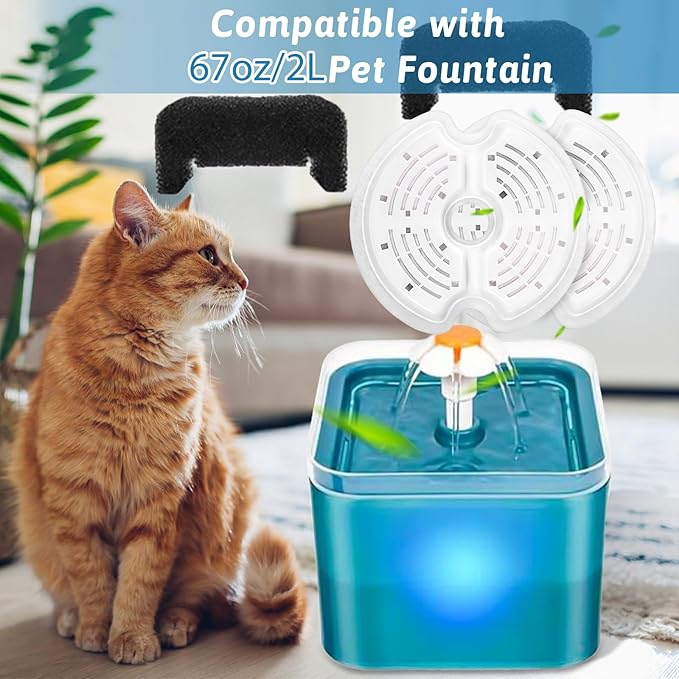 Cat Water Fountain Filters for 84oz/2.5L Stainless Steel Pet Fountain and 67oz/2.0L Plastic Cat Drinking Fountain, 8 Pack Pet Replacement Filters with 8 Pre-Filter Sponges