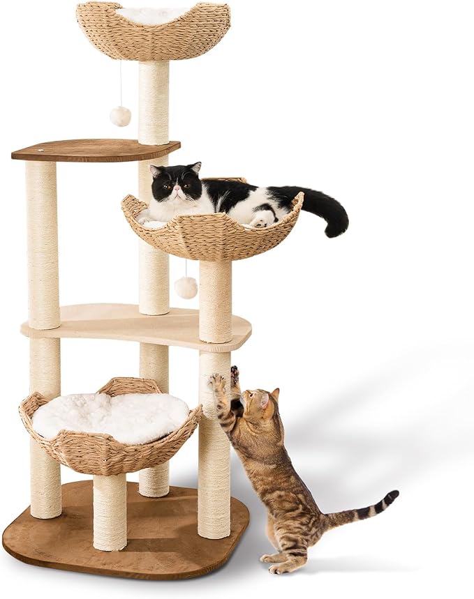 Big Modern Design Cat Tree Tower with White Cloud Mat, Unique Cat Supplies Tower with Scratching Post, Cute Wood Cat Tree Cat Furniture Activity Centre for Indoor Big Cats