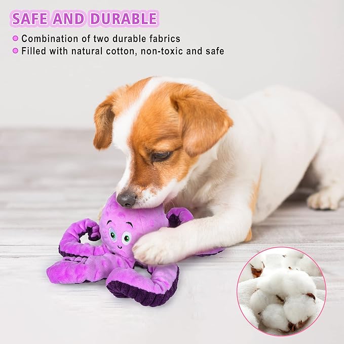 Dog Squeaky Toys Octopus - Tough Plush Large Medium & Small Dog Toys - Stuffed Animals Puppy Toys - Funny Cute Dog Toy for Dog Birthday Presents (Octopus Purple)