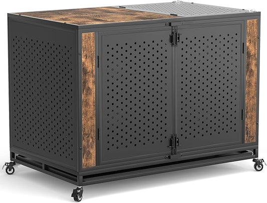48" Heavy Duty Dog Crate Furniture for Extra Large Dogs, Enclosed Design with 0.5 inch Holes, Indestructible Metal Kennel for High Anxiety Dogs, Chew Proof Pet Cage House Indoor, Brown
