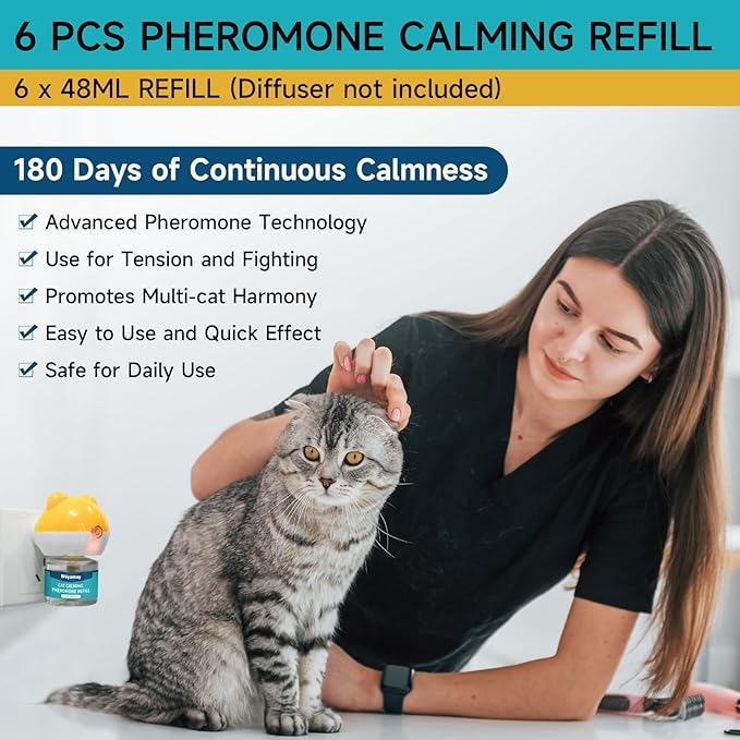 Cat Calming Diffuser Refills - 6 Pack Cat Pheromones Calming Diffuser for Cat Anxiety Relief, Cat Pheromone Diffuser, 180 Days Pheromone Diffuser to Calm Cats, Fits All Common Diffuser Heads