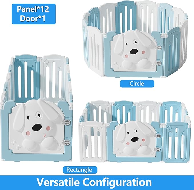 Foldable Dog Play Pen Indoors, Non-Slip Sturdy Puppy Playpen with Door, 25.5" H 12-Panel Adjustable Shape Dog Fence Pen for Small/Medium Dogs, Thickened, Easy to Store, White+Blue