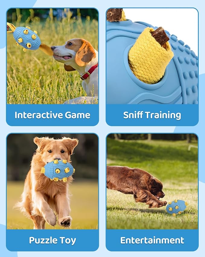 Interactive Dog Toy with Natural Rubber Soccer Design, Dental Care, Pet Energy Relief Brain Teaser Toy, Activity Training Foraging Toy, Mentally Stimulating Slow Feeder Dog Treat Dispenser Blue