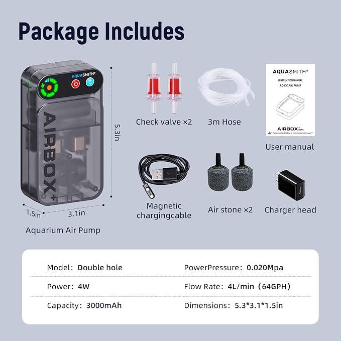 Live Bait Aerator,Ultra-Long Battery Life,Rechargeable Aquarium Air Pump 4w/64GPH(3000mAh Dual Hole) IPX4 Magnetic Charging Design,Suitable for Fishing Enthusiasts,with Hose and Stone