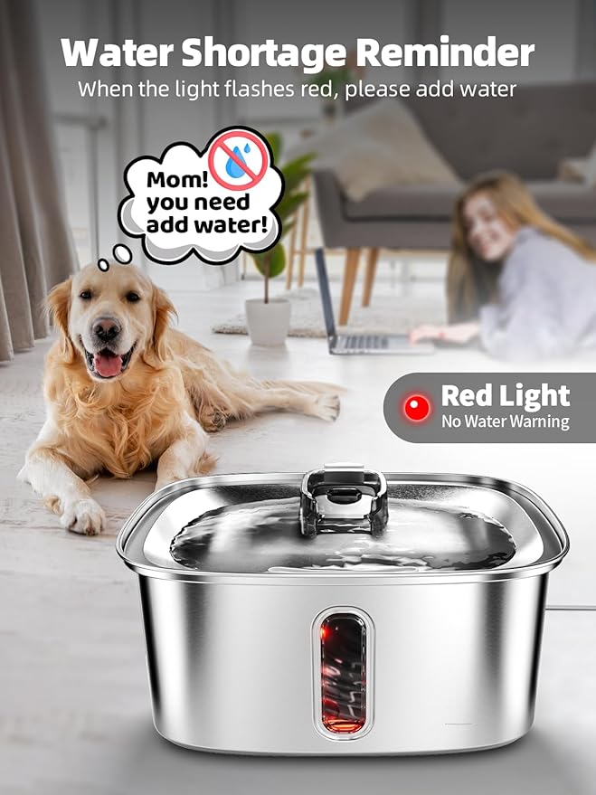 Dog Water Fountain for Large Dogs, 9L/2.4Gal Stainless Steel Dog Fountain with Water Level Window & Filtration, Automatic Pet Water Bowl Dispenser Indoor, Super Quiet (with 6 Filters)