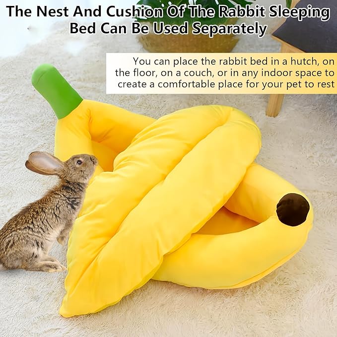 Bunny Bed,Rabbit Bed,Thick&Soft with Removable Mat,Machine Washable Guinea Pig Cushion,Cozy Bunny Plush House,Warm Small Animal Sleeping Beds(Yellow Banana Shape-M)