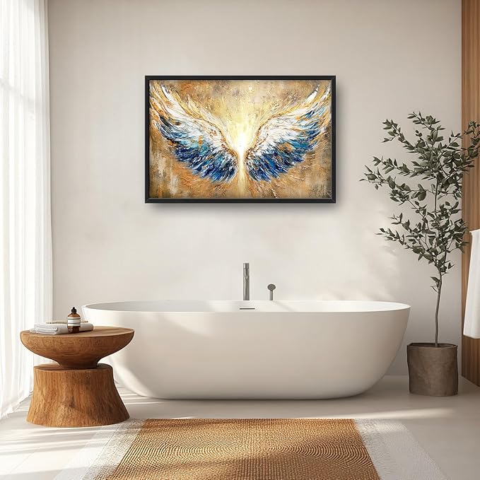 Extra Large Angel Wings Framed Wall Art for Living Room,Oversized Golden Wings Pictures Wall Decor,Holy Gold Blue Canvas Print Painting Modern Artwork Bedroom Office Bathroom 36L" x 24W"