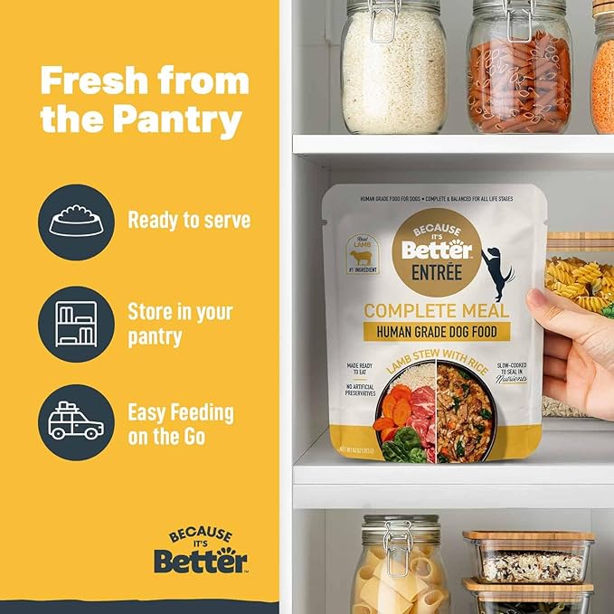 Because it's Better Entrée Complete Meal, Lamb Stew with Rice, Human Grade Wet Dog Food, 10 oz Pouches, 6 Count