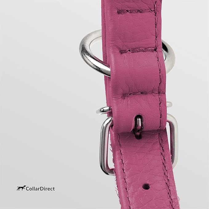 CollarDirect Rolled Leather Dog Collar, Soft Padded Round Puppy Collar, Handmade Genuine Leather Collar Dog Small Large Cat Collars 13 Colors (13-16 Inch, Pink Textured)
