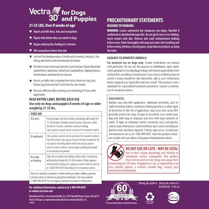 Vectra 3D for Dogs Flea, Tick & Mosquito Treatment & Prevention for Medium Dogs (21 – 55 lbs) , 6 month supply