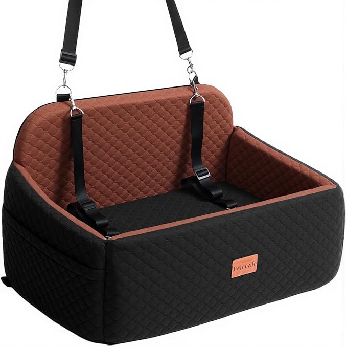Dog Car Seat for Large Medium Dogs, Pet Car Seat Under 55 lbs or 2 Puppies, Removable Washable Pets Travel Booster Bed for Automotive Backseat with Comfy Thick Cushion, 2 Safety Leashes(Black/Brown)