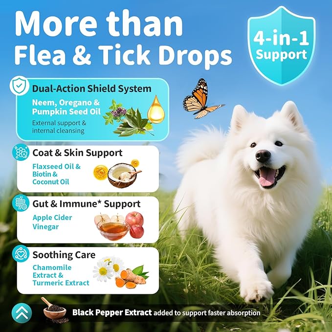 Dog Flea and Tick Support, Natural Herbal Flea & Tick Comfort for Dogs, Flea Liquid Drops Supplement for Dogs with Neem, Oregano, Pumpkin Seed Oil - Beef Flavor, 2 FL.Oz - All Breeds & Sizes