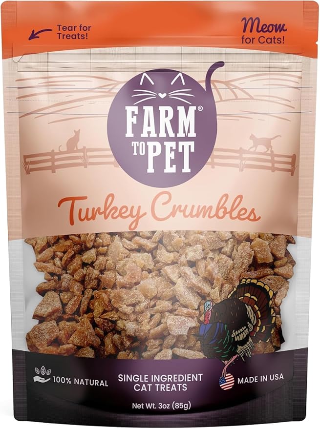 Farm To Pet - Cat Treat Crumbles - 3 oz Single Ingredient Turkey Cat Treats or Snacks - Healthy for Indoor Cats and Kitten- Essential Products (Mix with Wet or Dry Food)