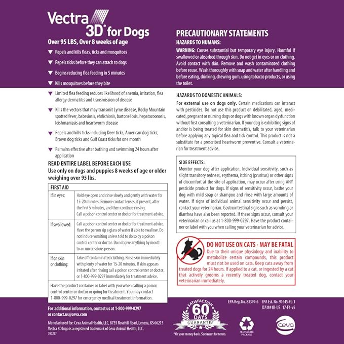 Vectra 3D for Dogs Flea, Tick & Mosquito Treatment & Prevention for Extra Large Dogs (Over 95 lbs), 6 Month Supply