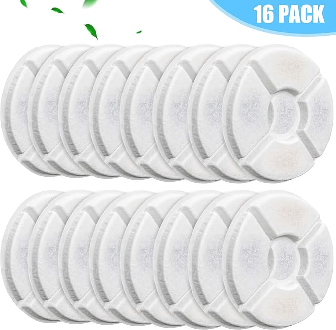 Cat Fountain Filter, 16 Pcs Cat Water Fountain Filters Replacement, 3-Filtration System Round Carbon Filters Compatible with 81oz / 2.4L Round Automatic Pet Dog Water Fountain Dispenser