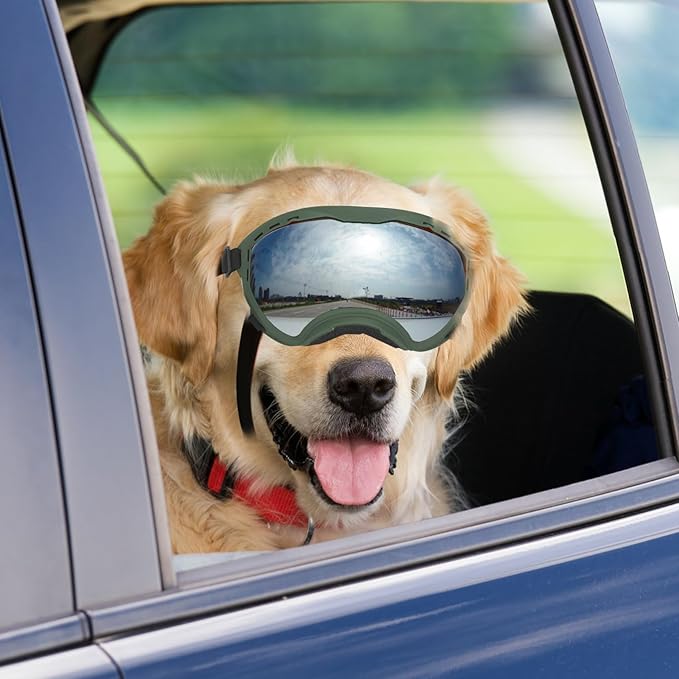 Dog Goggles for Large Dogs, UV Wind Dust Fog Protection, Soft Frame Adjustable Dog Sunglasses, Summer Driving & Winter Snow Eyewear, Tactical Pet Glasses with Elastic Strap (Green)