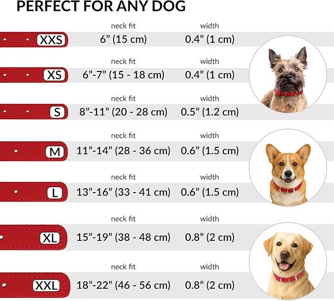 CollarDirect Rolled Leather Dog Collar, Soft Padded Round Puppy Collar, Handmade Genuine Leather Collar Dog Small Large Cat Collars 13 Colors (15-19 Inch, Red Textured)